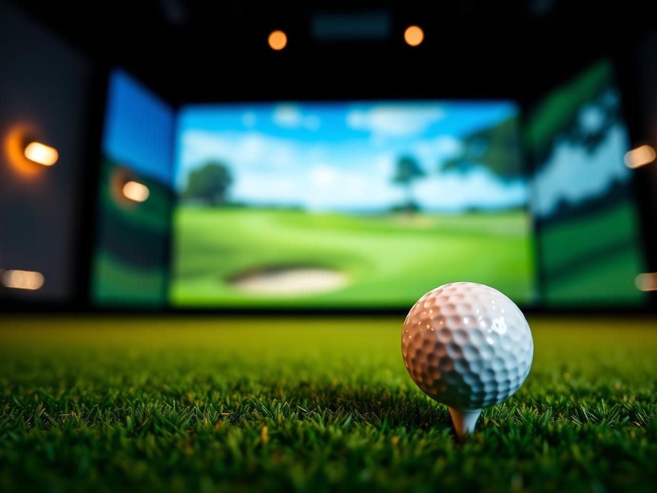 Golf ball on tee in front of simulator