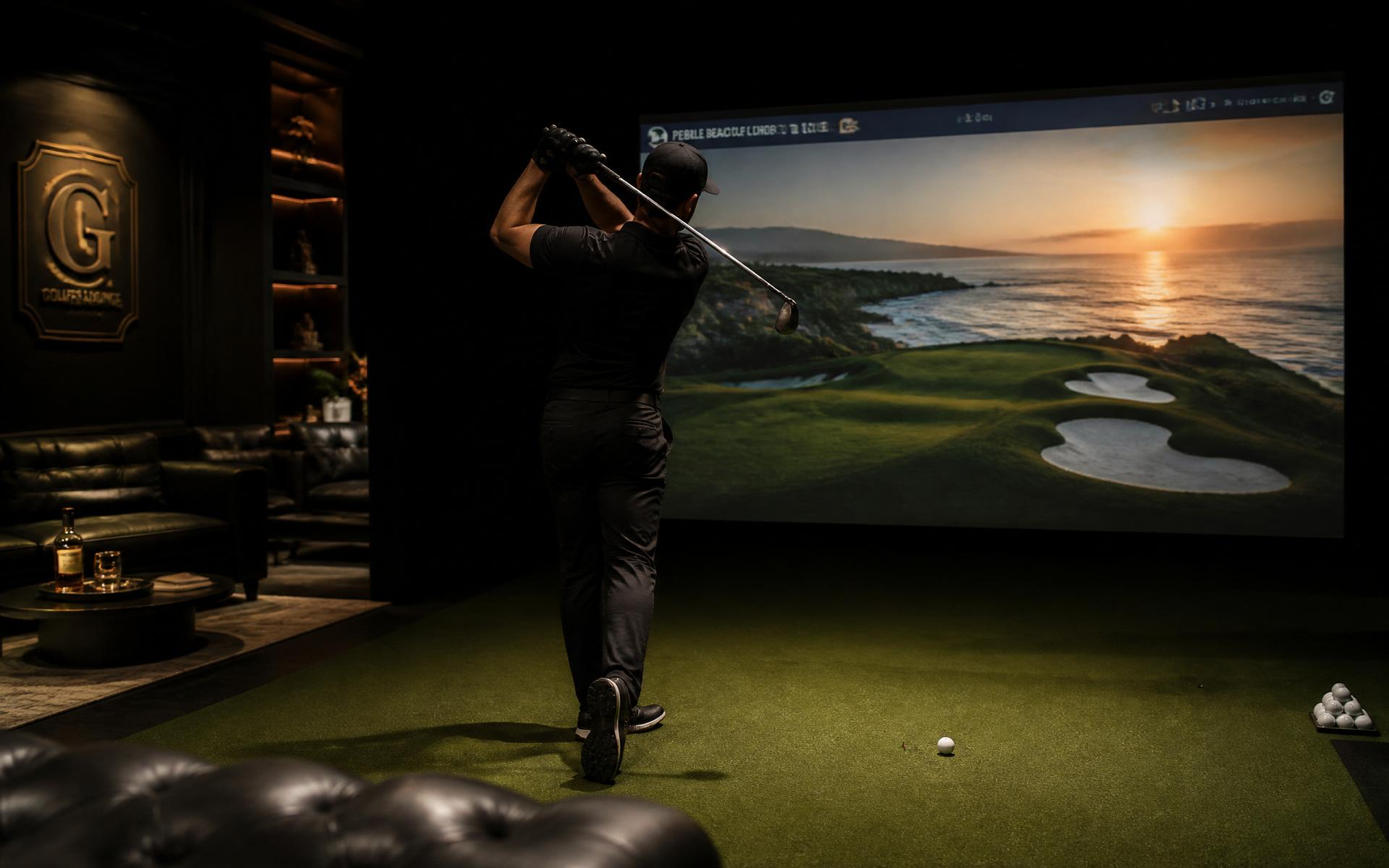 Golfer swinging inside The Golf Lounge simulator bay